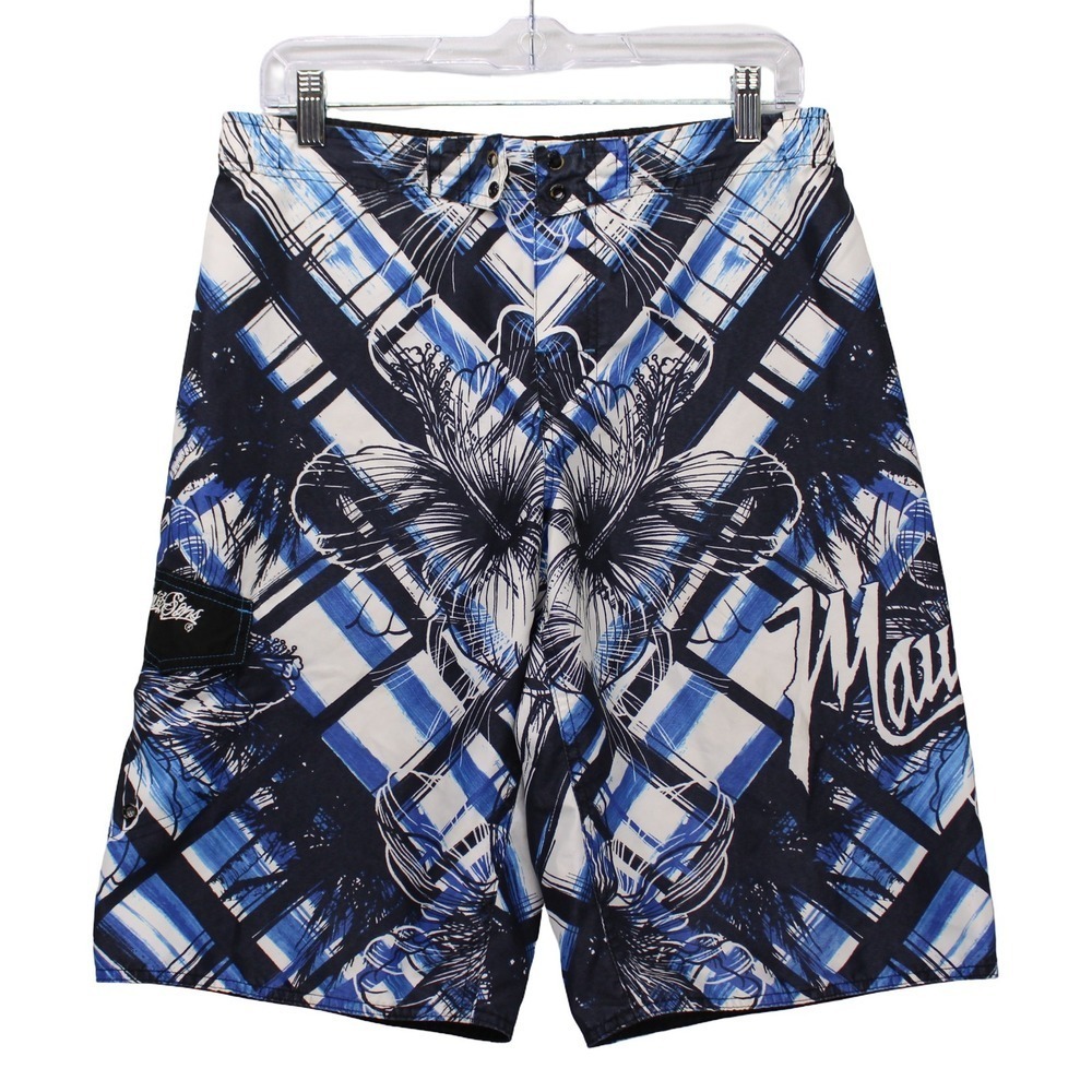 Maui‎ and Sons Board Shorts Mens XL (14/16) Blue Plaid Hibiscus Excellent